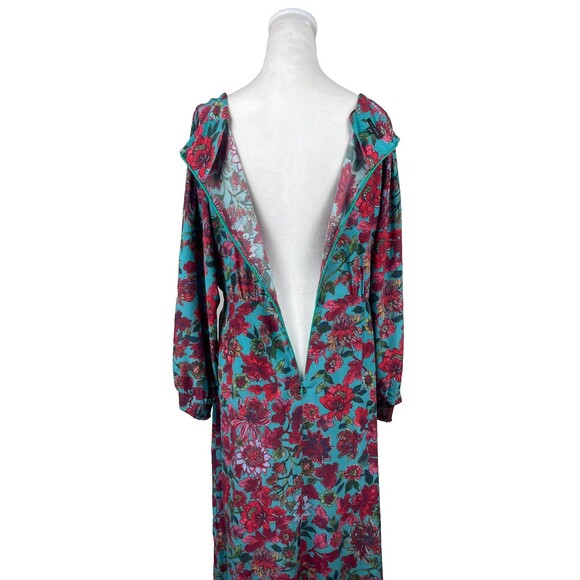 Talbots Midi Dress 14 Floral Jewel Tone Teal Red Faux Wrap Side Tie Long Sleeve - Picture 10 of 16